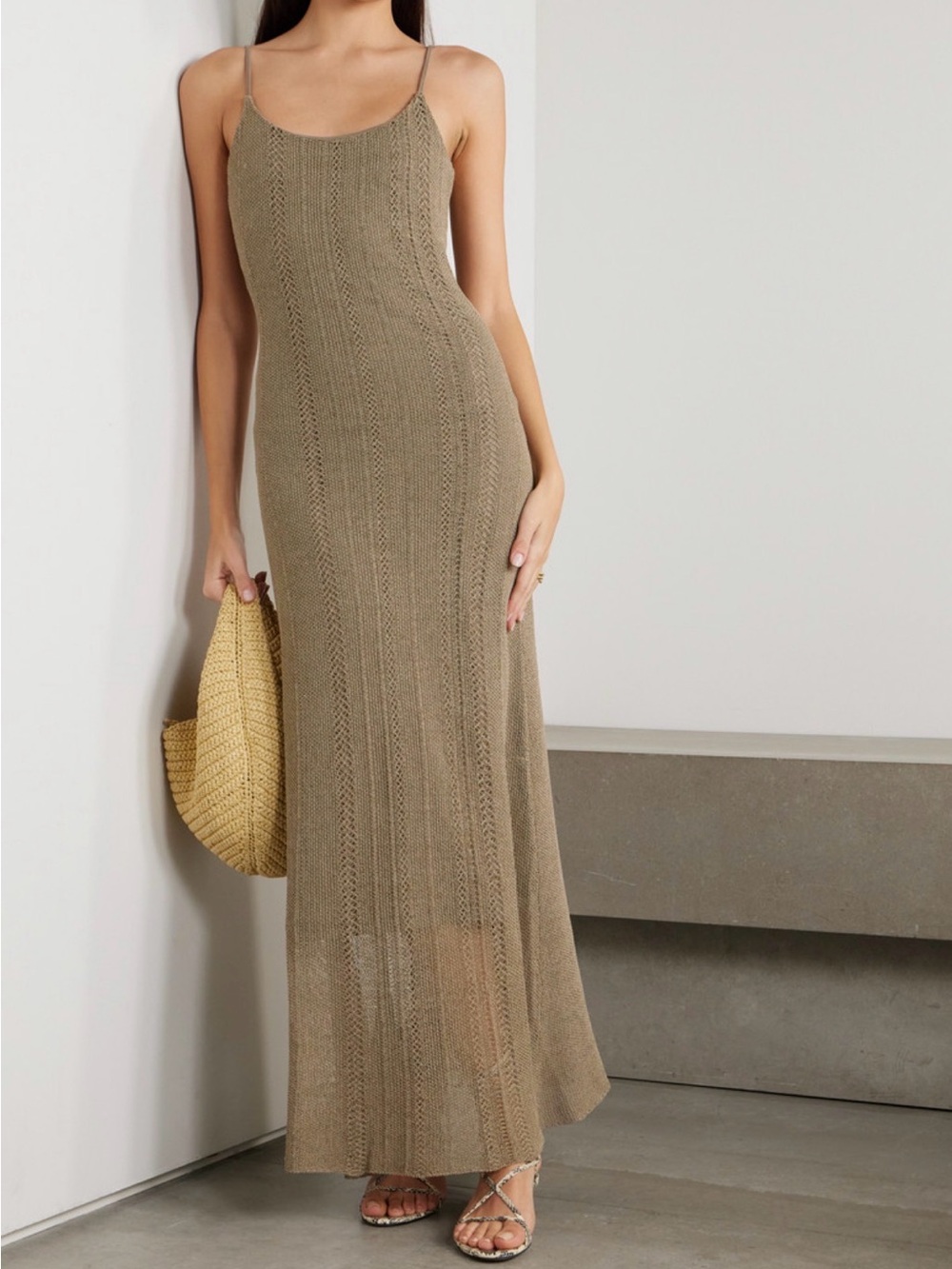 FAITHFULL Treillis crochet cotton blend Spaghetti Maxi Dress in Taupe - Picture 1 of 7
